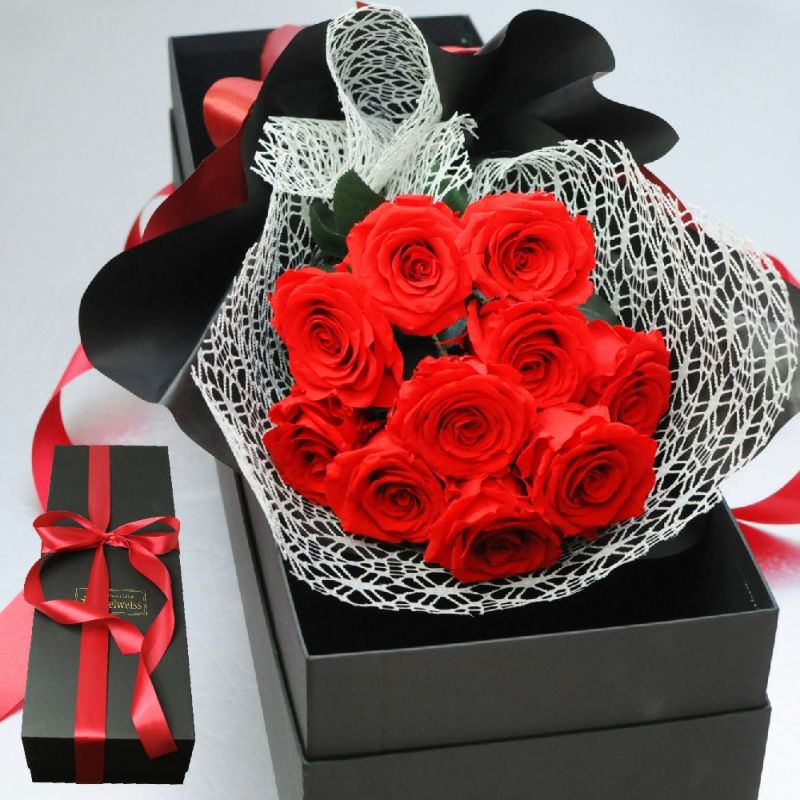 ブリザーブドフラワー 10輪の赤バラの花束 ボックス