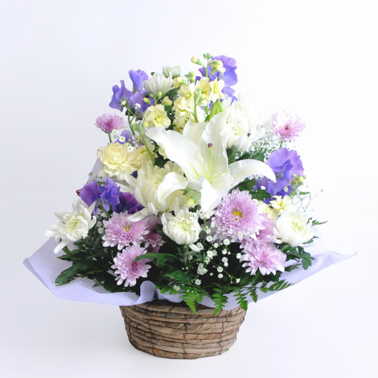  百合のお供え花アレンジメントMSサイズ